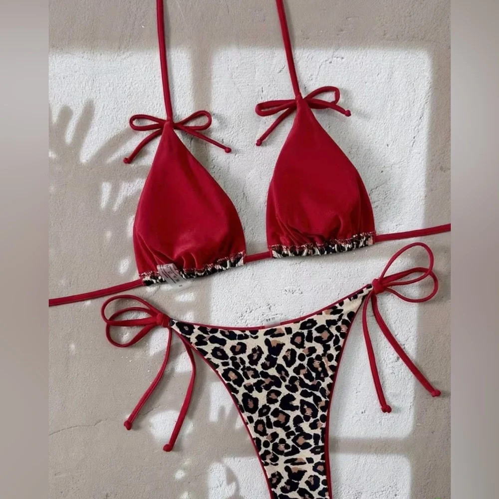 Leopard Print Halter Red Bows Side Tie Bikini Set - Picture 4 of 8